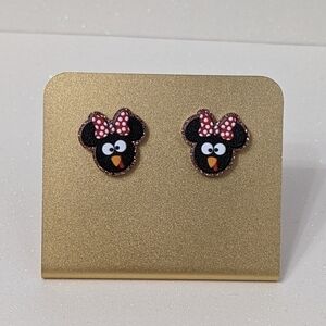 Minnie Mouse Turkey Head with Red Polka Dot Bow Glitter Acrylic Stud Earrings